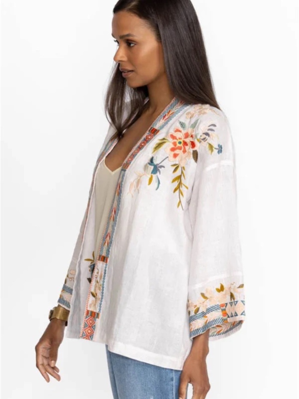 Johnny Was Los Angeles Ceretti Linen Embroidered Floral Crane Crop Kimono - Picture 7 of 7